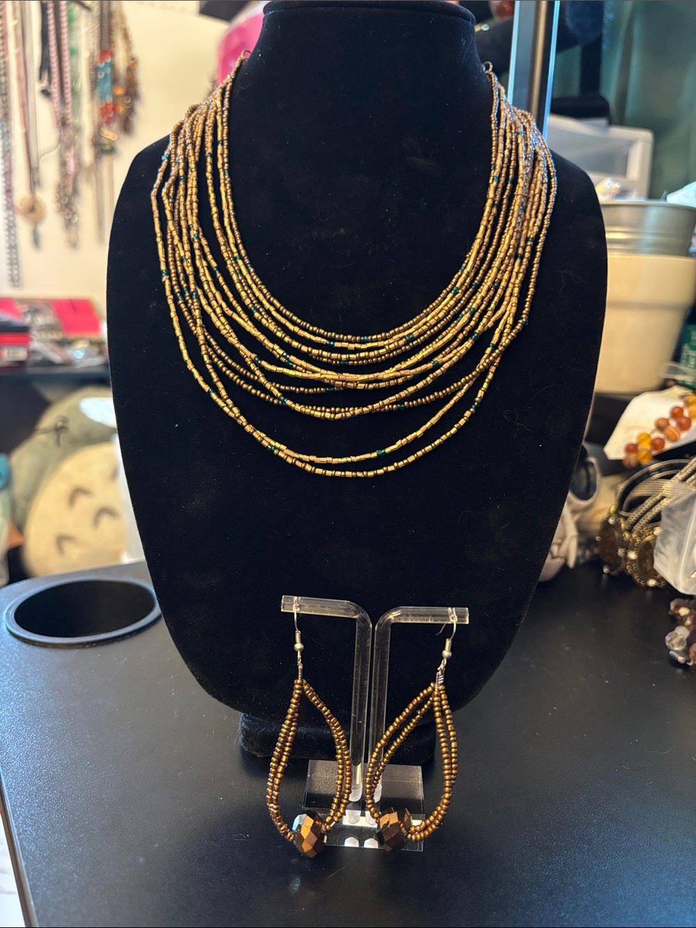 Gold-Tone Multi-Strand Beaded Necklace with Matching Earrings